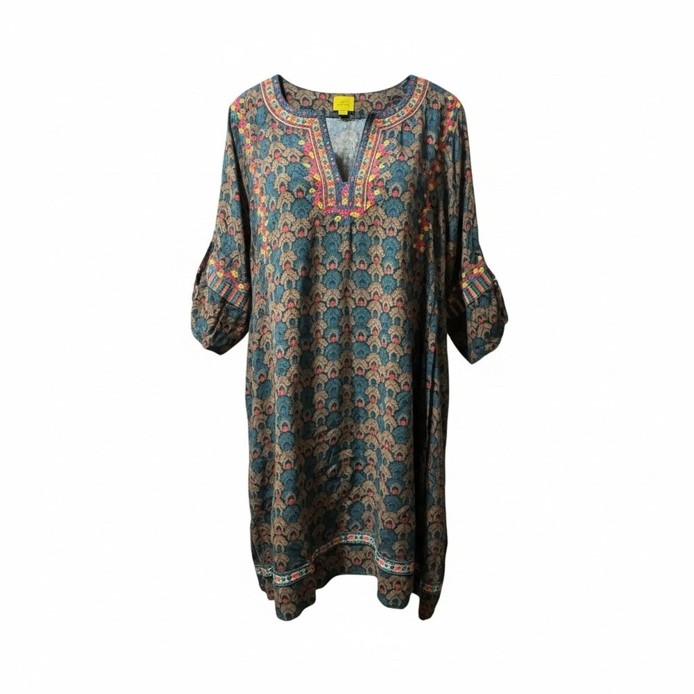 Roller Rabbit Women L Teal Blue Floral Embroidered Tunic Dress 3/4 Sleeve V Neck